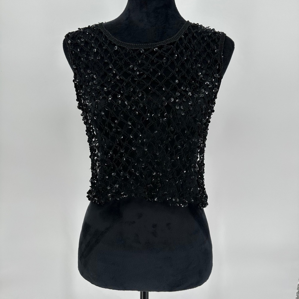 Black Sequin Crotchet Cropped Sleeveless Tank Top Medium/Large No Brand Tag